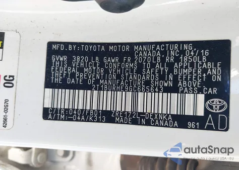 2016 Toyota Corolla Le z USA, uszkodzony, nr VIN 2T1BURHE9GC665643